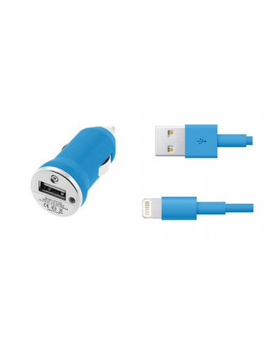 CARGADOR USB HT 5V 1A BLUE PARA COCHE + CABLE APPLE LIGHTNING