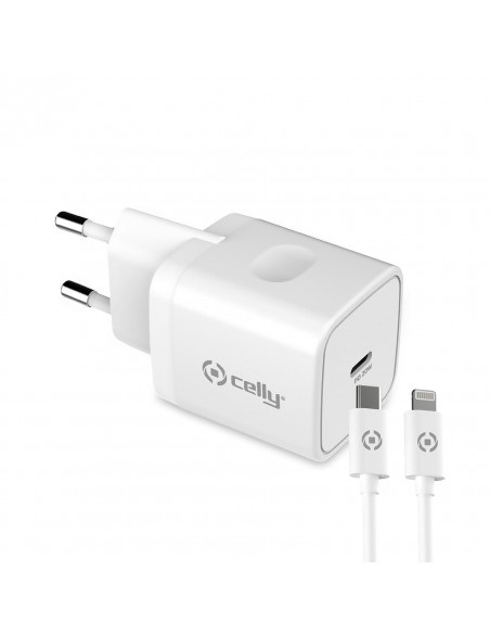 CARGADOR USB-C CELLY 20W WHITE + CABLE USB-C LIGHTNING