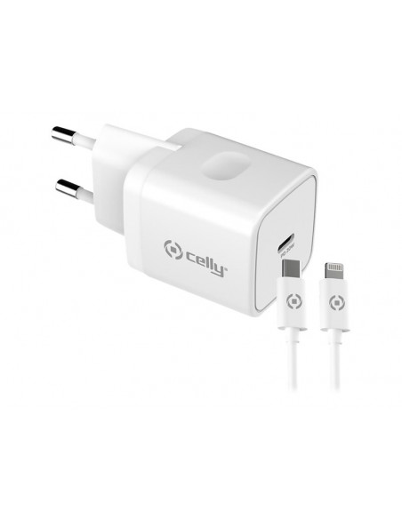 CARGADOR USB-C CELLY 20W WHITE + CABLE USB-C LIGHTNING