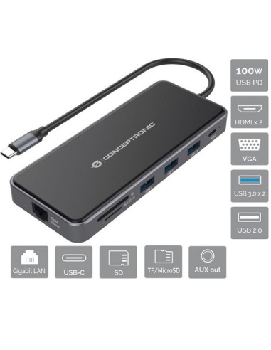 PUERTO REPLICADOR USB-C CONCEPTRONIC 2XHDMI + VGA + 2XUSB 3.0 + USB-C + USB-C PD 100W + SD/MICRO SD