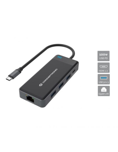 PUERTO REPLICADOR USB-C CONCEPTRONIC 2XHDMI + RJ45 + 3XUSB 3.0 + USB-C PD 100W