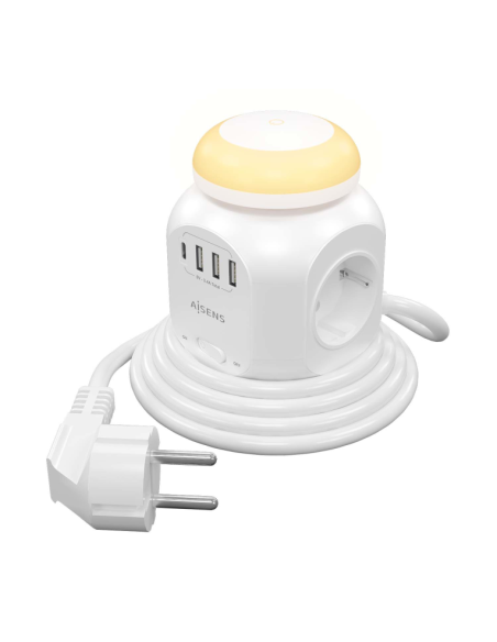 REGLETA AISENS 4 TOMAS + USB-C + 3 USB WHITE 1.8M INTERRUPTOR + LUZ NOCTURNA