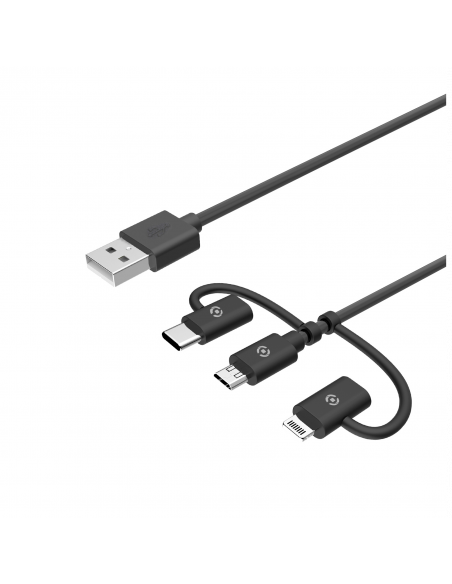 CABLE CELLY USB MACHO / MICRO USB B MACHO + LIGHTNING + USB-C MACHO 1M BLACK